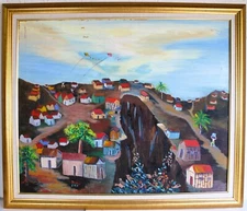 LARGE OIL PAINTING CANVAS SIGNED ZUZU COLORFUL VILLAGE SCENE FOLK ART NAIVE ART