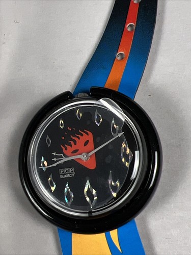 VTG Pop Swatch 542  Watch HOT STUFF  New Old Stock Flames Leather Band - Afbeelding 2 van 13
