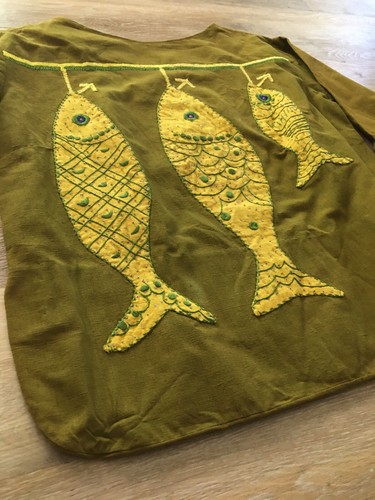 vintage shirt rodelinda handmade Small fish embroidered green hippie boho - Picture 4 of 10