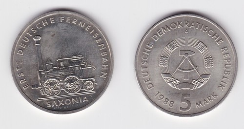 DDR Gedenk Münze 5 Mark erste deutsche Ferneisenbahn Saxonia 1988 (148116)