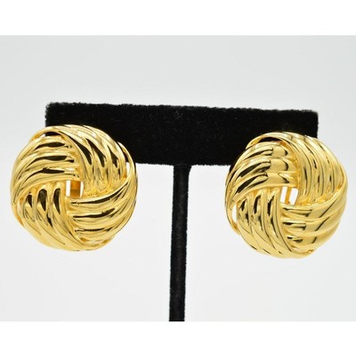 Les Bernard Vintage Clip On Earrings Gold Tone Chunky Round Signed NOS 1980s