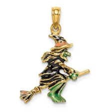 14k Yellow Gold 3-D Enameled Witch Flying on Broom Charm Pendant 2.81g for Mom