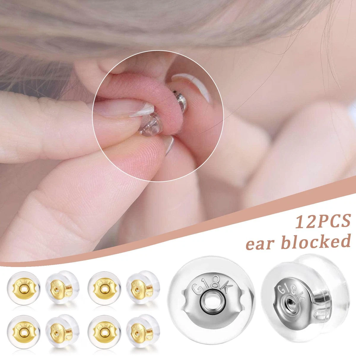 12X Locking Secure Earring Backs For Studs, Silicone Backs Gold