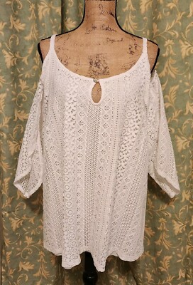 International Concepts Women's 2X White Lace Cold Shoulder Blouse Top