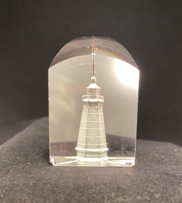 3D Lighthouse Paperweight Clear Art Glass Laser Etched 2.5  Tall INTERESTING