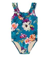 Pq PilyQ Girls Blue Floral Ruffle Swimsuit One Piece Sz 10 NEW