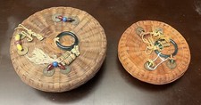 Antique Chinese Sewing Basket 2 Glass Bangle Rings, 12 x 5, Coins Beads Tassels