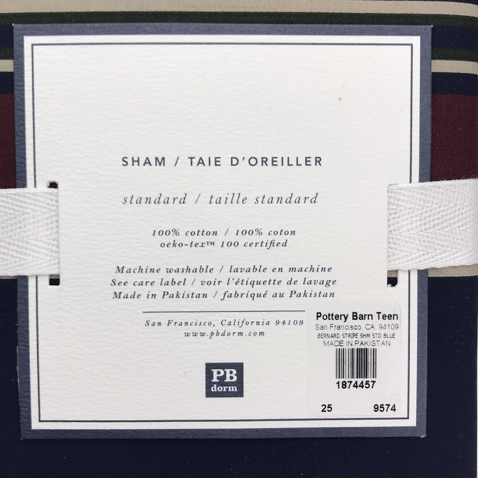 Almohada Pottery Barn Sham Estándar PB Dormitorio Adolescente Albañil Rayas Azul Borgoña NUEVA Foto 2 de 3