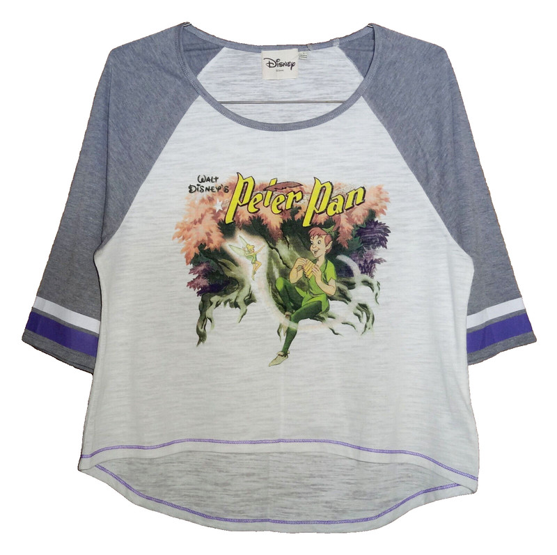 DISNEY *PETER PAN TINKERBELL* BASEBALL JERSEY RAGLAN TEE T-SHIRT CROP TOP LG NEW