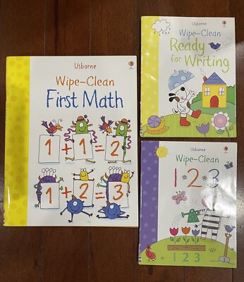 Usborn Wipe-Clean Book Set:  Ready For Writing ,  1-2-3 , &  First Math .