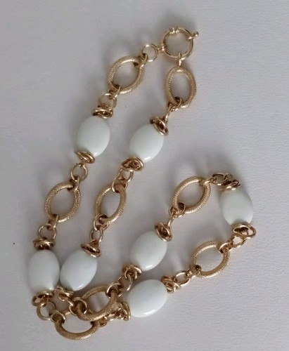 Gold Over Sterling Textured Chain White Beaded Necklace 18" Signed OT 925 Turkey - Picture 9 of 11