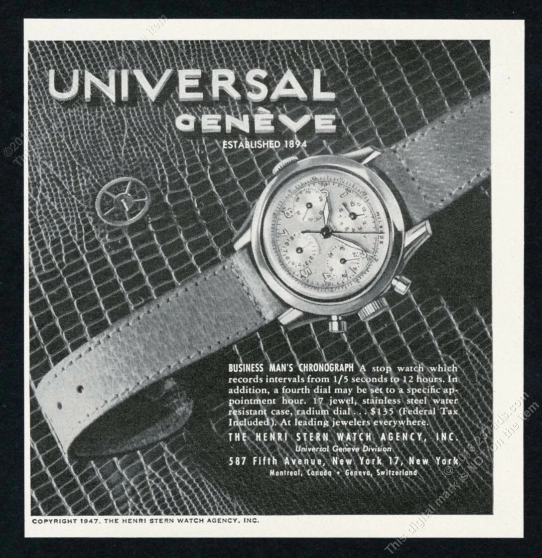 1947 Universal Geneve Business Man's Chronograph 3 dial watch vintage print  ad | eBay