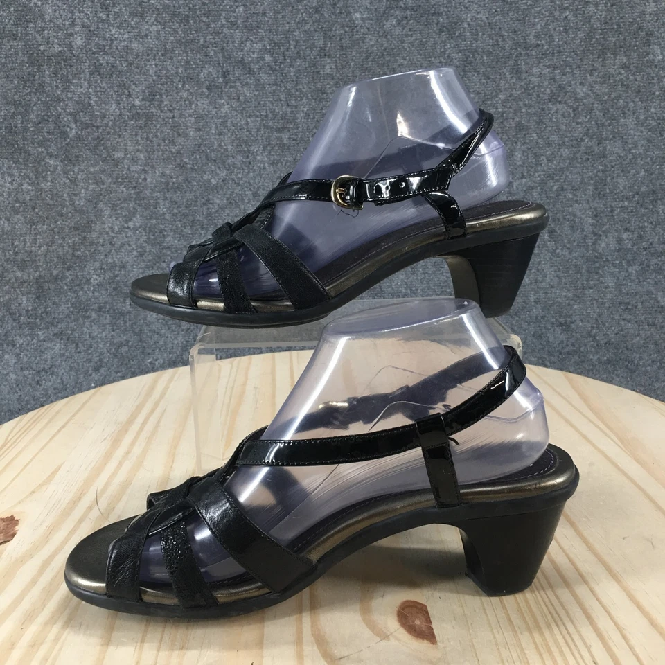 Sandalias Aravon para mujer 8 D con tiras de charol negro con hebilla bloque de punta abierta Foto 2 de 4