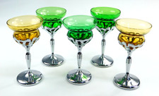 Art Deco Cambridge Glass Farberware Chrome Craft Cocktail Glasses Green & Yellow