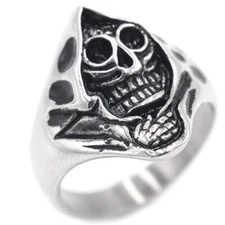 Men's Cloak Evil Skull Death Skull Ring Stainless Steel Gothic Biker HipHop Ring