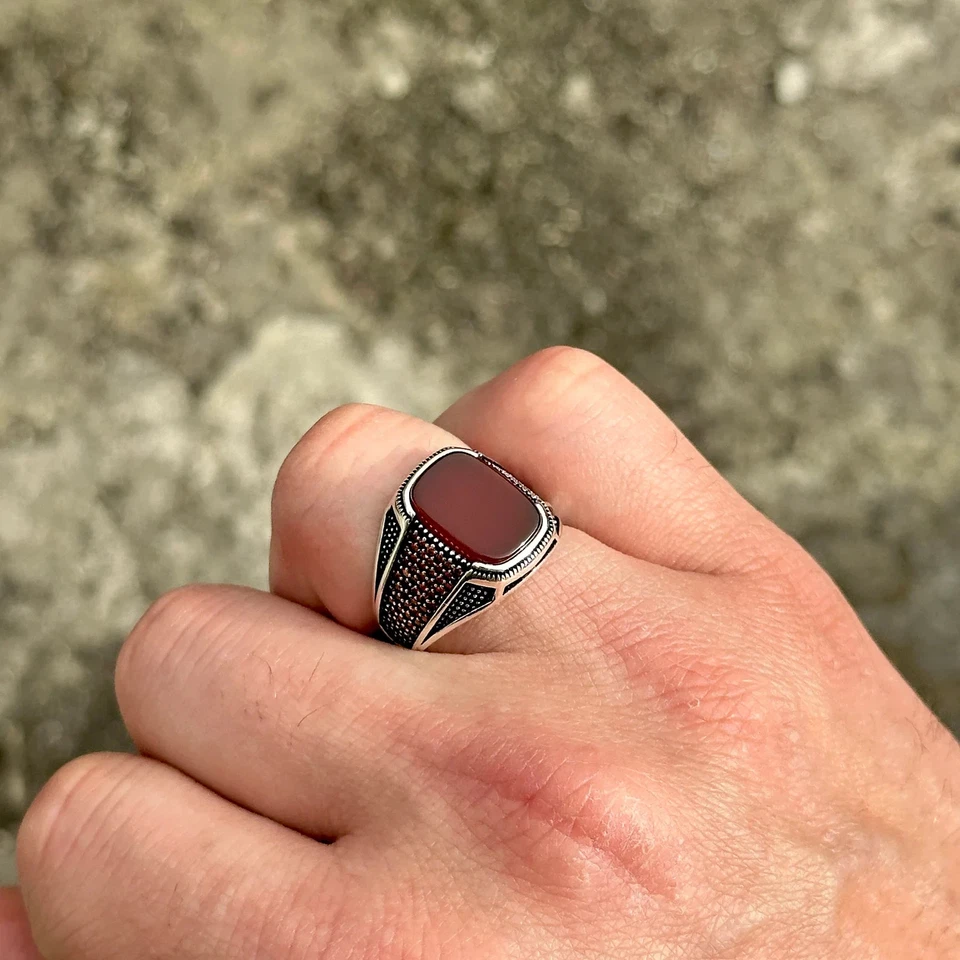 Anillo de ágata roja de plata de ley 925k hecho a mano, anillo de cornalina Aqeeq de plata para hombre Foto 4 de 4