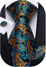 Mens Tie Set Silk Solid Paisley Necktie and Pocket Square Gold Teal Paisley