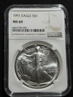 1991 $1 American Silver Eagle NGC MS69 Brown Label!!