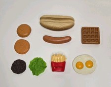  READ  Vtg Plastic Toy Play Food Lot MTC/Unmarked Burger Hot Dog Waffle Eggs