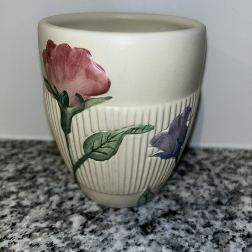 Vintage Bathroom Tumbler Cream  Pattern Painted Flowers Pink Blue Wamsutta EUC