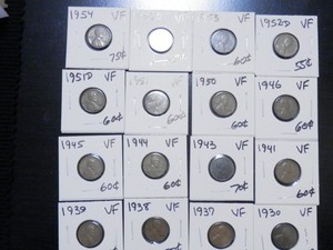 16 Circulated VF Lincoln Wheat Cents 1930 to 1954