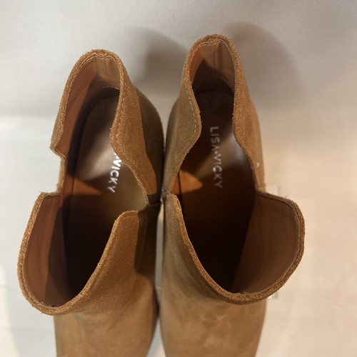 Lisa Vicky Women's 8.5M Camel Tan Suede Notch Block Heel Booties EUC - Picture 7 of 9
