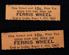 0878----1951 Conneaut Lake Park tickets for the Ferris Wheel