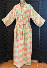 Vintage Floral PANSIES Long COTTON ROBE Large Sash CottageCore French Country
