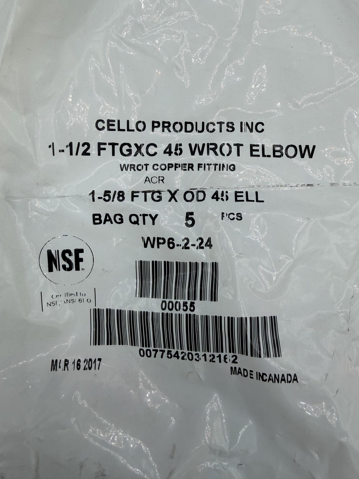 Cello Products WP6-2-24 1-1/2 FTGXC 45 Wrot Copper Elbow Fitting ACR 5ct Canada
