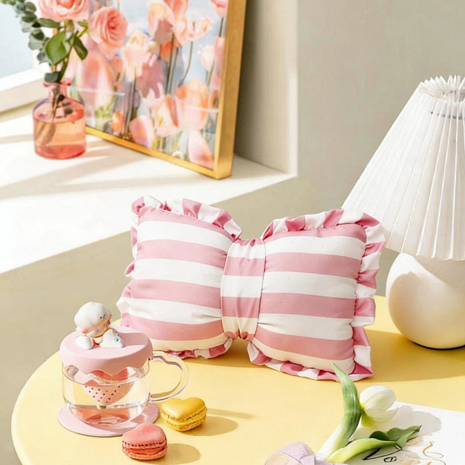 Pink Striped Bow Pillow Sturdy Home Party Decor Holiday Bedding Room Girls