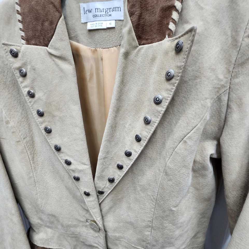 Chaqueta de gamuza de cuero vintage Lew Magram para mujer 6 tachuelas occidentales marrón tostado informal  Foto 4 de 4
