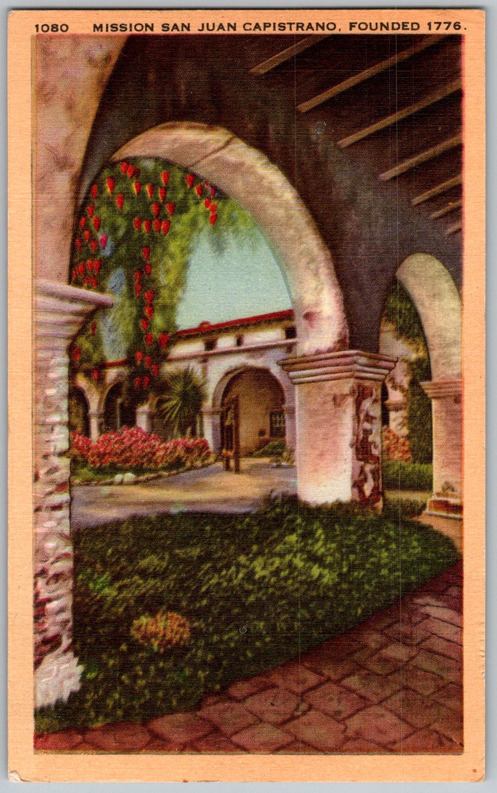 Vtg Linen Postcard Mission Courtyard San Juan Capistrano, CA 1940s