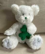 ST PATRICK'S DAY TEDDY BEAR BEVERLY HILLS WHITE HOLDING A GREEN SHAMROCK