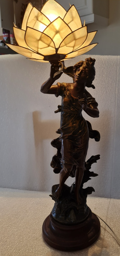 Antike französische L&F Moreau französische Spelter Figur Lampe Skulptur mit Capiz - Bild 2 von 23