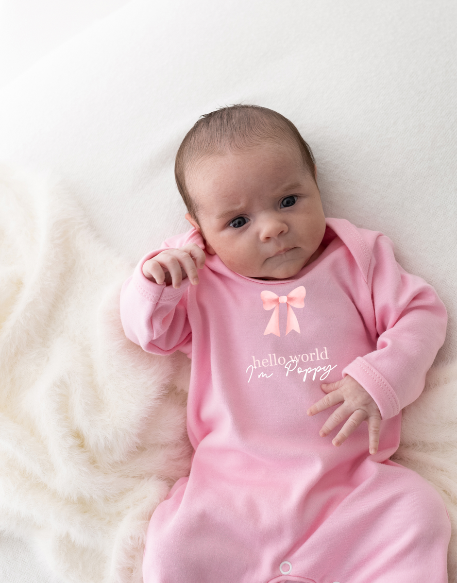 Personalised Hello World Baby grow and hat sleepsuit New Baby Gift Pink  outfit