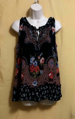 Bila ladies black multi floral paisley ruffle keyhole stretch asymmetrical top S