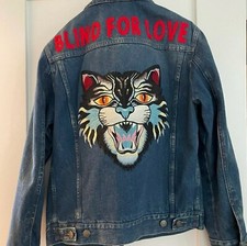 Authentic Gucci Blind For Love Blue Denim Angry Cat Embroidered Jacket Sz 44 XS