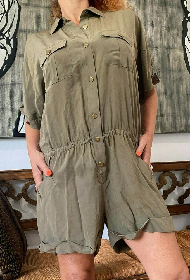 MAMELUCO DE SEDA ALTO HIPPIE CAQUI VERDE EJÉRCITO UTILITARIO CARGA S ❤️ LEÍDO/DEFECTUOSO Foto 4 de 4