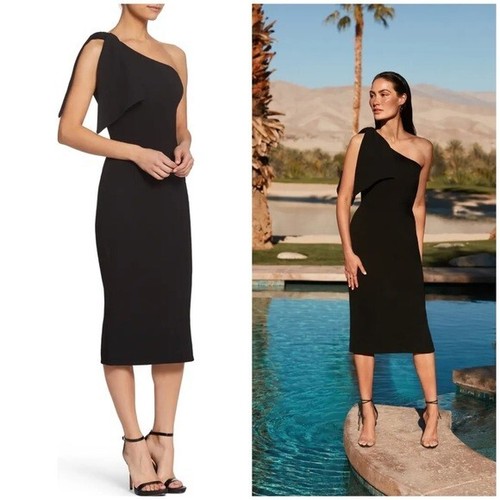 NWT Dress The Population Tiffany One Shoulder Midi Dress Black Shoulder Bow Sz S
