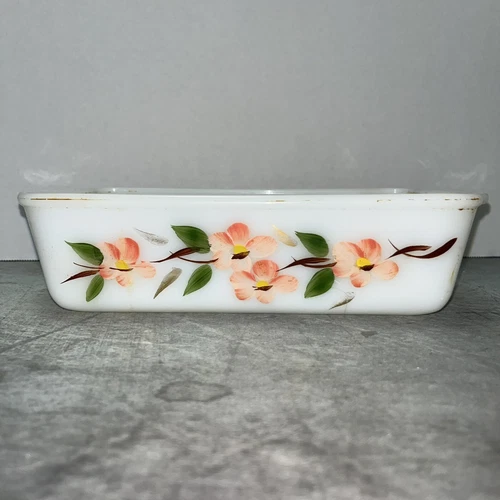 Vintage Fire King Hand Painted Pink Peach Blossom 1 Qt #409 Loaf Dish