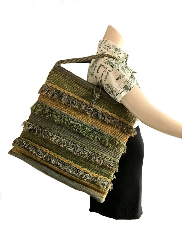 enorme bolso vintage de yute verde años 60/bolso de flecos de rafia años 60 vacaciones de verano playa Foto 2 de 4