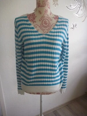 Strickpullover, V-Ausschnitt vorne und hinten, gestreift, Türkis, Weiß, Gr. L - Bild 1 von 4