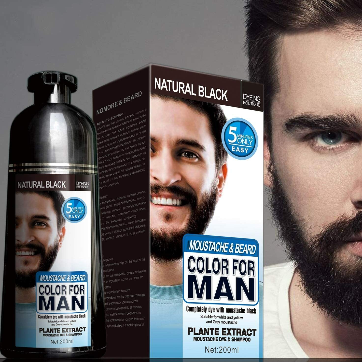 Mokeru Men 2 in1 Beard & Mustache Natural Hair Color Shampoo Permanent Black Dye