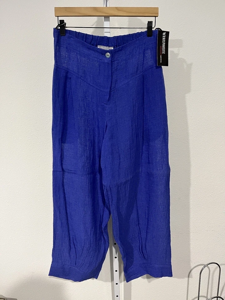 PANTALONES CULOTTE LAGENLOOK TRANSPARENTES de lino para mujer (grandes) azules Foto 3 de 4