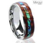 Inlay Engagement Wedding Band Men Ring Silver Tungsten Abalone Hawaiian Koa Wood