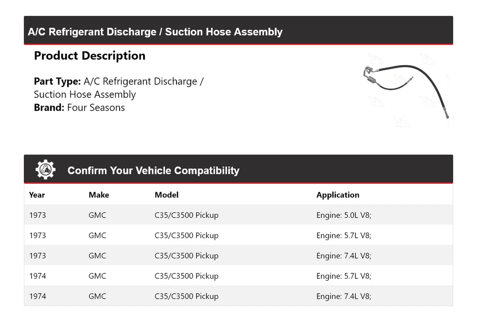 Conjunto de manguera de línea de succión de descarga para camioneta GMC C35/C3500 1973-74 4 temporadas Foto 2 de 4