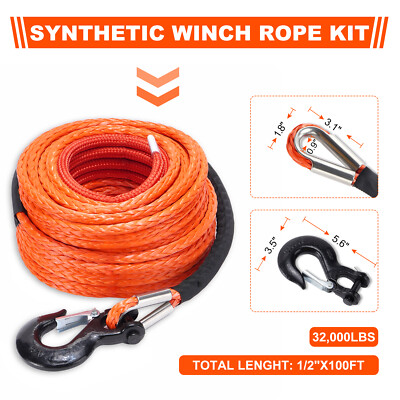 Câble De Treuil Synthétique 100ft – 32000 Lbs, Acier Inox, Avec Crochet, Orange