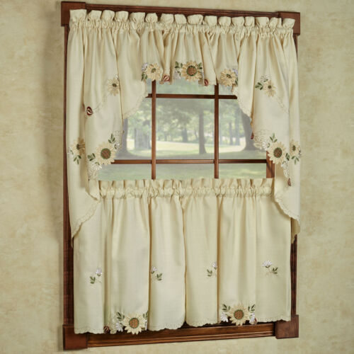 Sunflower Cream Embroidered Kitchen Curtains - Tiers Valance or Swag - Afbeelding 1 van 5