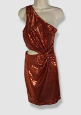 $375 Halston Women Orange Sequin One-Shoulder Cutout Cocktail Mini Dress Size 8
