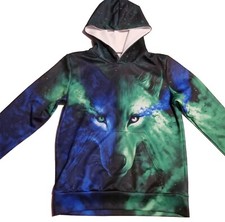 The Wolf 3D Print Unisex Medium Blue Green Kangaroo Pocket Hoodie Long Sleeve